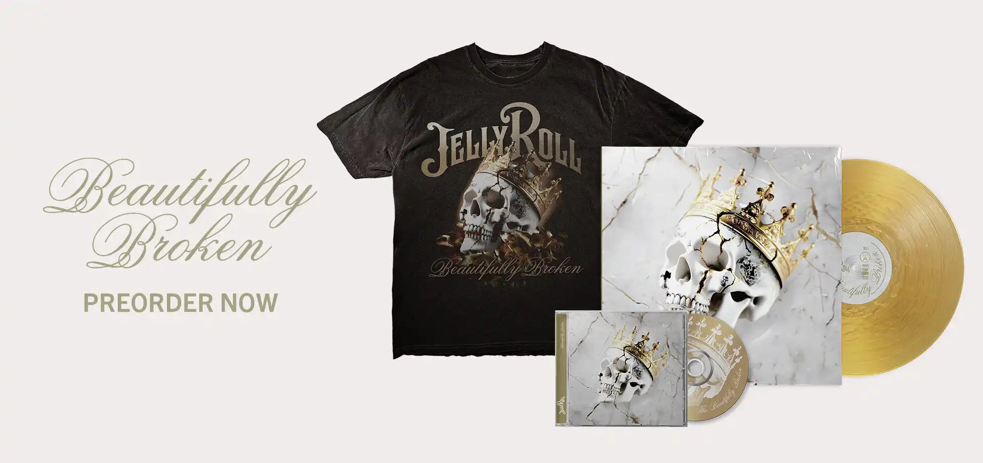 Jelly Roll ’Beautifully Broken’ merchandise including a black t-shirt, CD, vinyl record, and album art.